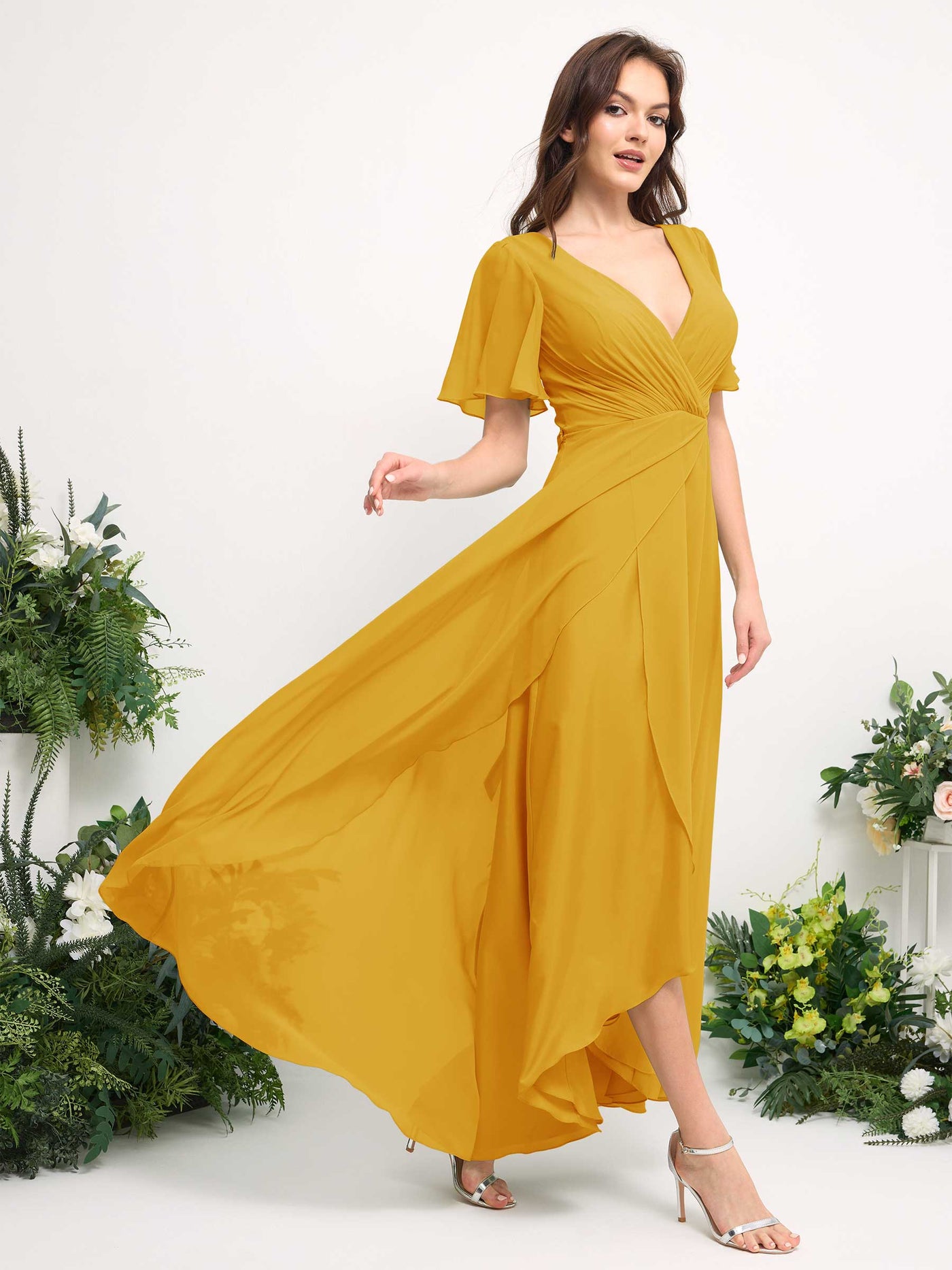 A-Line Asymmetric Chiffon Maxi Dress | V-Neck Short Sleeve Bridesmaid & Wedding Guest Dress #color_mustard-yellow