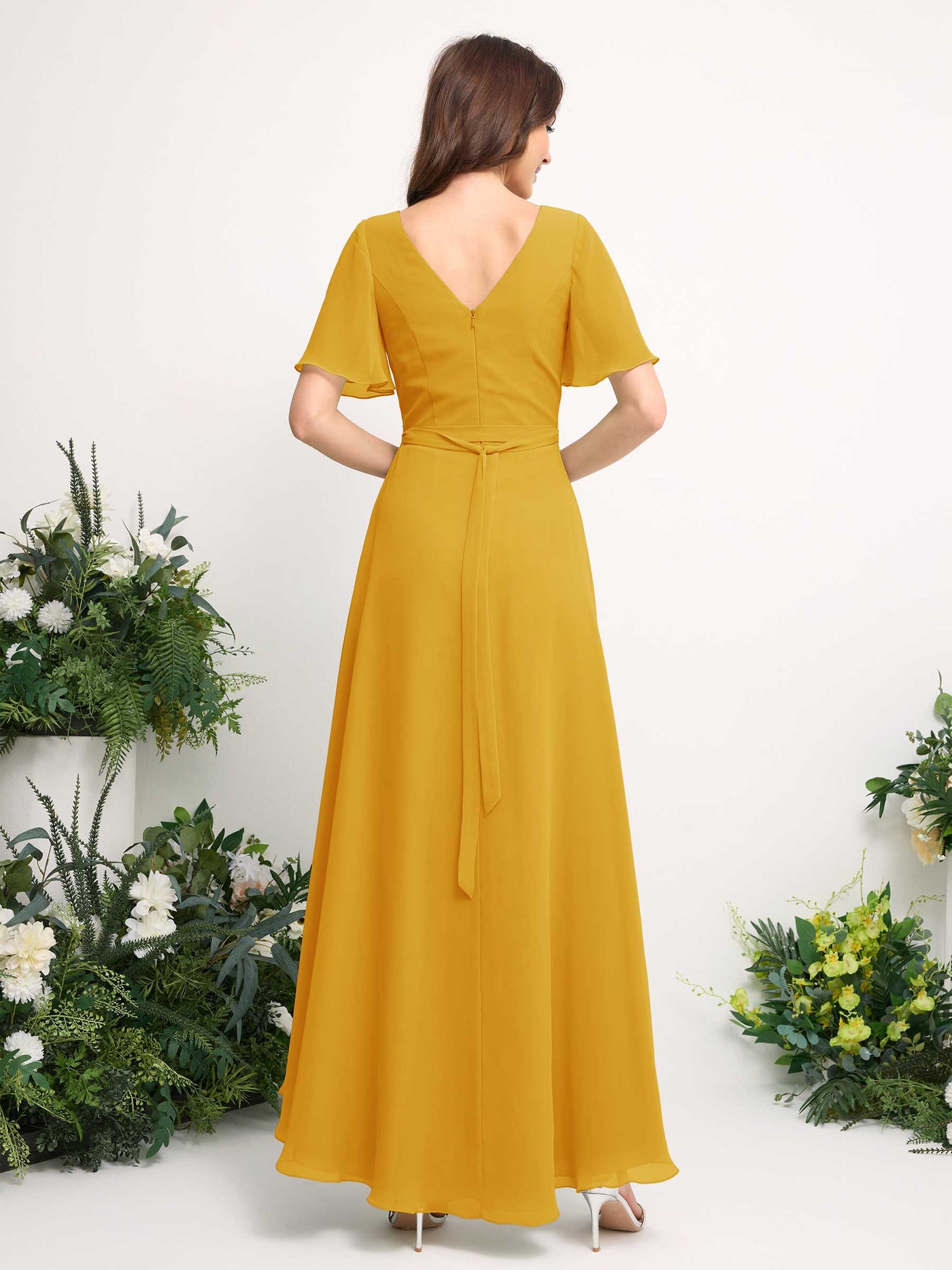 A-Line Asymmetric Chiffon Maxi Dress | V-Neck Short Sleeve Bridesmaid & Wedding Guest Dress #color_mustard-yellow