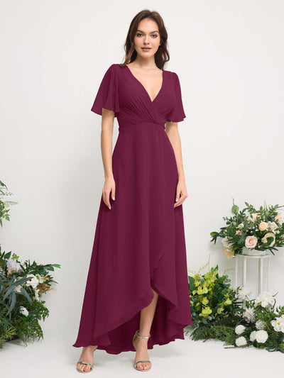 A-Line Asymmetric Chiffon Maxi Dress | V-Neck Short Sleeve Bridesmaid & Wedding Guest Dress #color_chianti