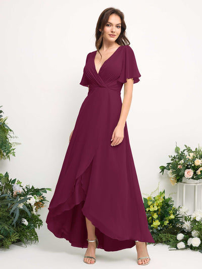 A-Line Asymmetric Chiffon Maxi Dress | V-Neck Short Sleeve Bridesmaid & Wedding Guest Dress #color_chianti