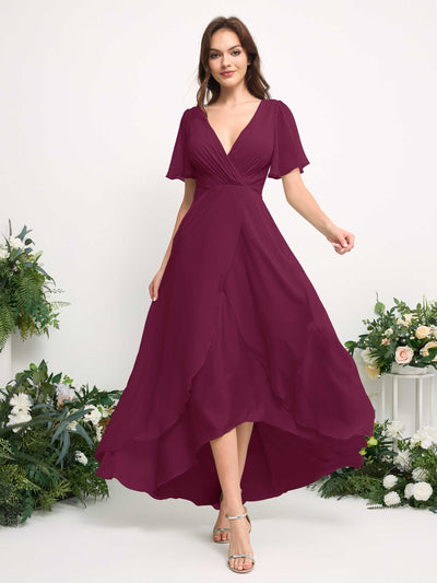 A-Line Asymmetric Chiffon Maxi Dress | V-Neck Short Sleeve Bridesmaid & Wedding Guest Dress #color_chianti