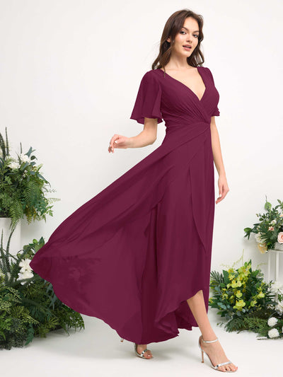 A-Line Asymmetric Chiffon Maxi Dress | V-Neck Short Sleeve Bridesmaid & Wedding Guest Dress #color_chianti