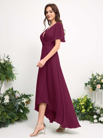 A-Line Asymmetric Chiffon Maxi Dress | V-Neck Short Sleeve Bridesmaid & Wedding Guest Dress #color_chianti