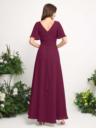 A-Line Asymmetric Chiffon Maxi Dress | V-Neck Short Sleeve Bridesmaid & Wedding Guest Dress #color_chianti