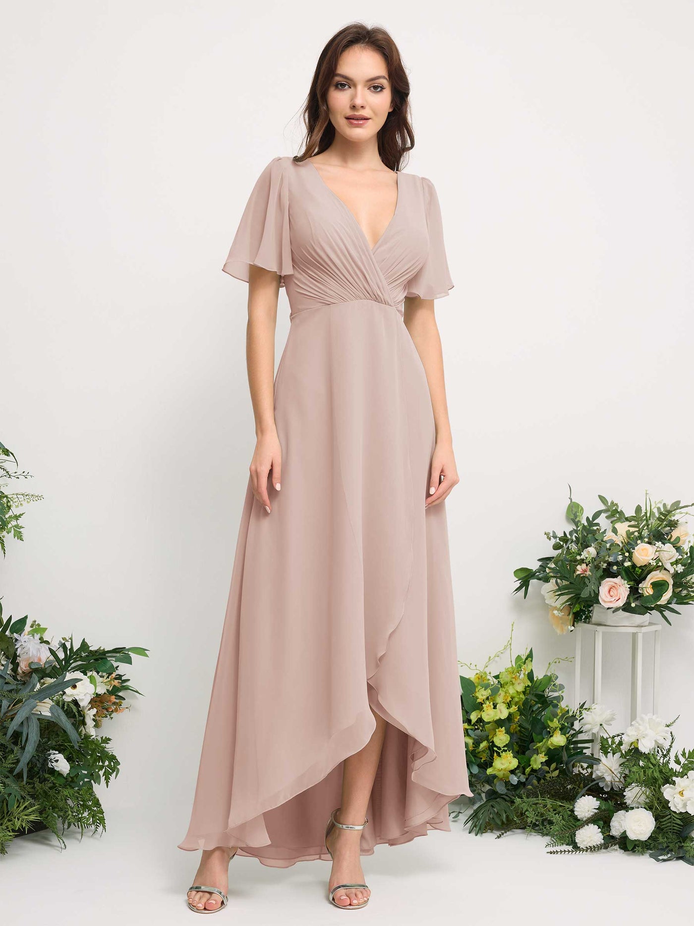 A-Line Asymmetric Chiffon Maxi Dress | V-Neck Short Sleeve Bridesmaid & Wedding Guest Dress #color_biscotti