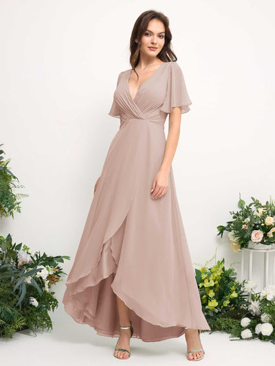 A-Line Asymmetric Chiffon Maxi Dress | V-Neck Short Sleeve Bridesmaid & Wedding Guest Dress #color_biscotti