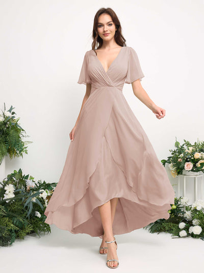 A-Line Asymmetric Chiffon Maxi Dress | V-Neck Short Sleeve Bridesmaid & Wedding Guest Dress #color_biscotti