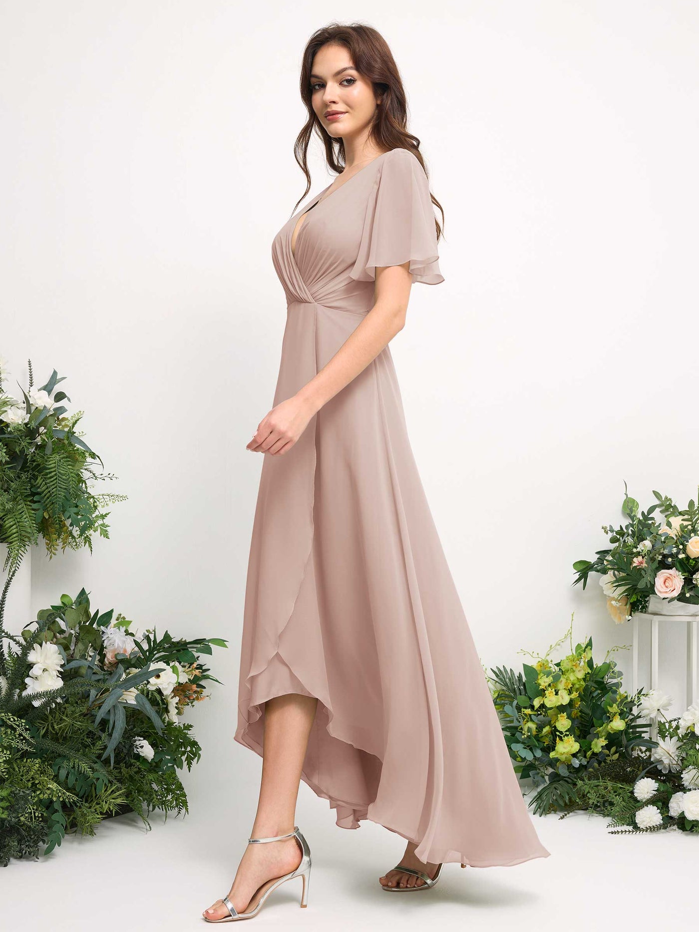 A-Line Asymmetric Chiffon Maxi Dress | V-Neck Short Sleeve Bridesmaid & Wedding Guest Dress #color_biscotti