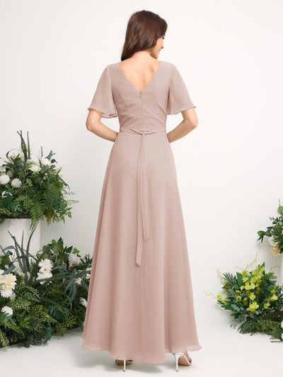A-Line Asymmetric Chiffon Maxi Dress | V-Neck Short Sleeve Bridesmaid & Wedding Guest Dress #color_biscotti