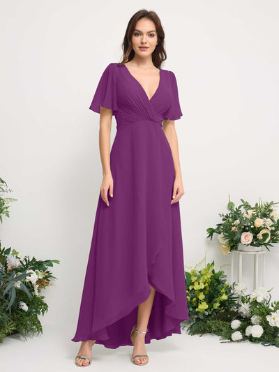 A-Line Asymmetric Chiffon Maxi Dress | V-Neck Short Sleeve Bridesmaid & Wedding Guest Dress #color_purple