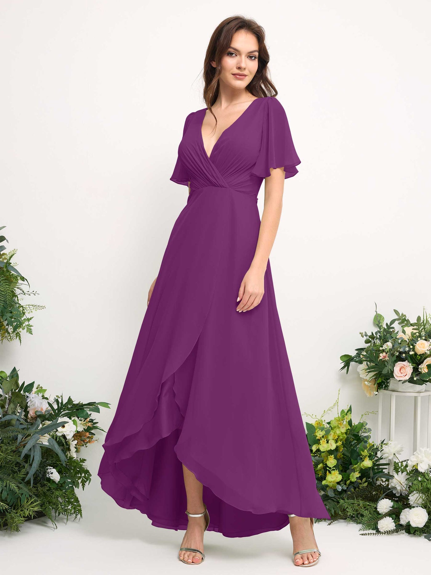 A-Line Asymmetric Chiffon Maxi Dress | V-Neck Short Sleeve Bridesmaid & Wedding Guest Dress #color_purple