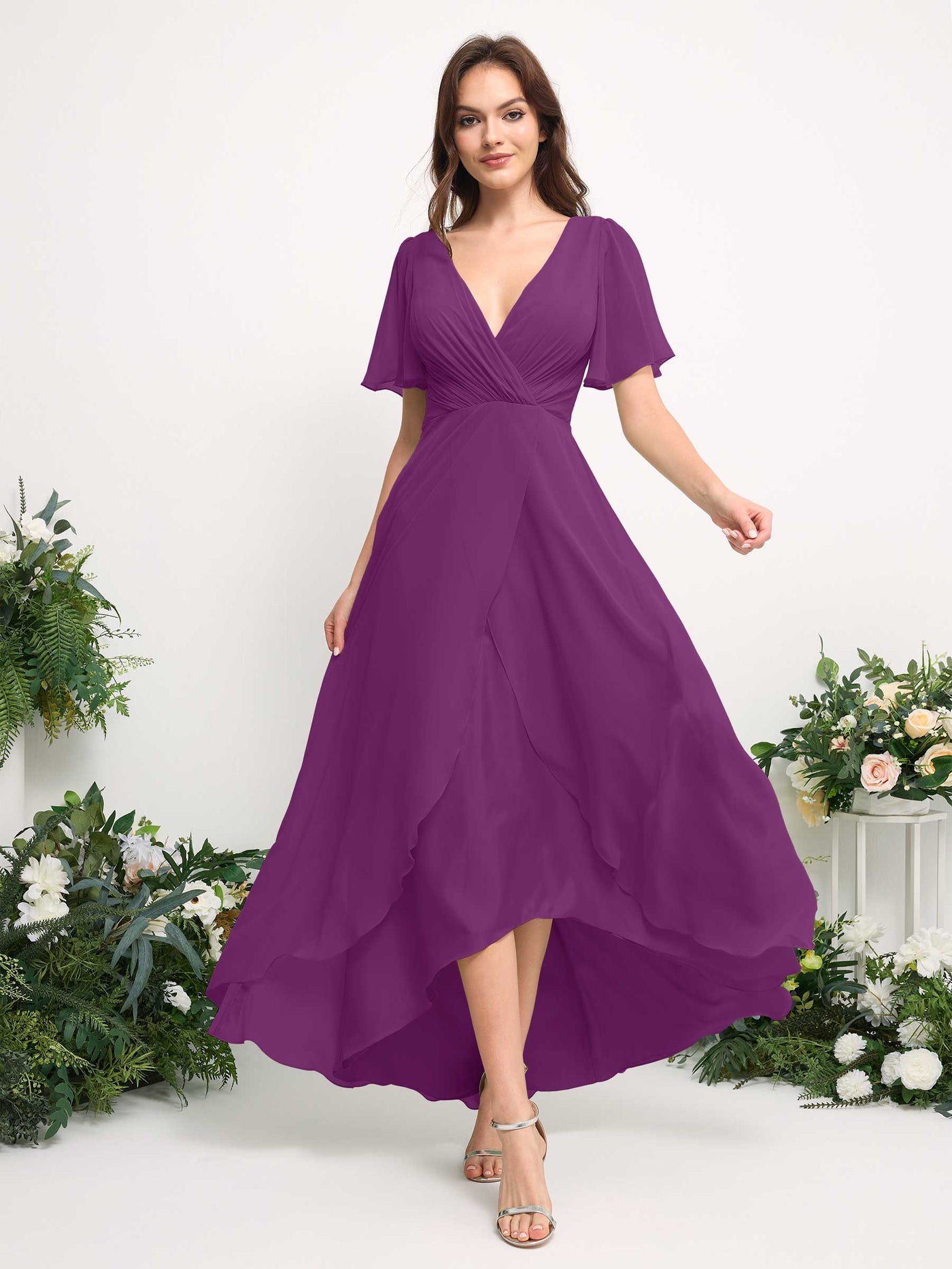 A-Line Asymmetric Chiffon Maxi Dress | V-Neck Short Sleeve Bridesmaid & Wedding Guest Dress #color_purple