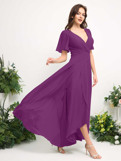 A-Line Asymmetric Chiffon Maxi Dress | V-Neck Short Sleeve Bridesmaid & Wedding Guest Dress #color_purple