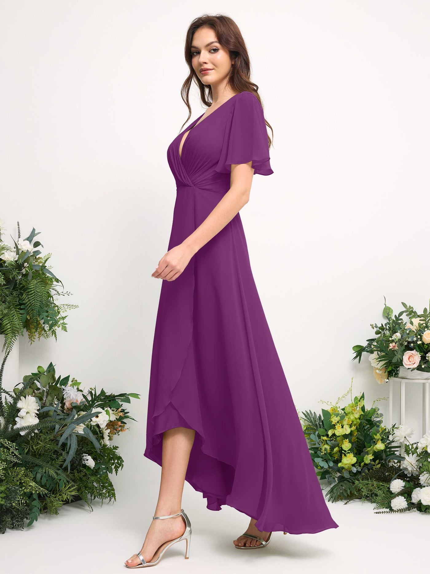 A-Line Asymmetric Chiffon Maxi Dress | V-Neck Short Sleeve Bridesmaid & Wedding Guest Dress #color_purple