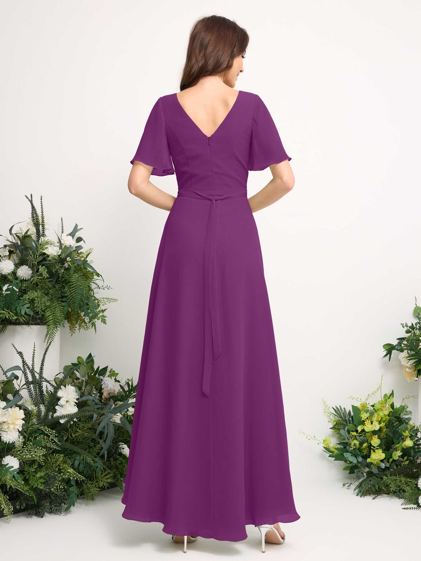 A-Line Asymmetric Chiffon Maxi Dress | V-Neck Short Sleeve Bridesmaid & Wedding Guest Dress #color_purple