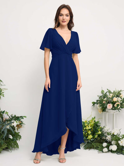 A-Line Asymmetric Chiffon Maxi Dress | V-Neck Short Sleeve Bridesmaid & Wedding Guest Dress #color_royal-blue
