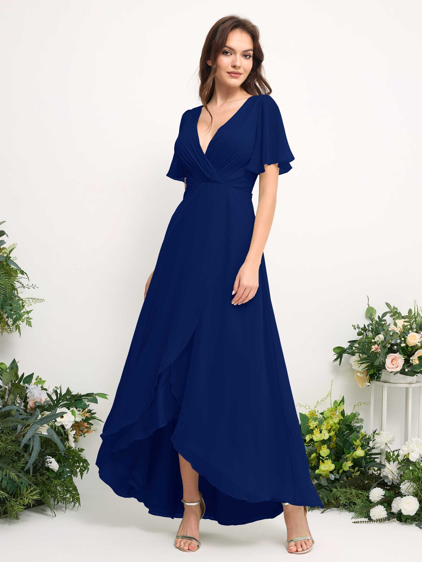 A-Line Asymmetric Chiffon Maxi Dress | V-Neck Short Sleeve Bridesmaid & Wedding Guest Dress #color_royal-blue