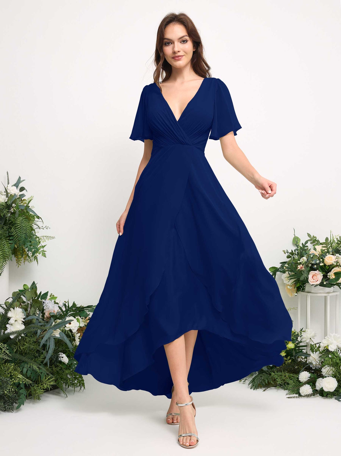 A-Line Asymmetric Chiffon Maxi Dress | V-Neck Short Sleeve Bridesmaid & Wedding Guest Dress #color_royal-blue