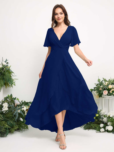 A-Line Asymmetric Chiffon Maxi Dress | V-Neck Short Sleeve Bridesmaid & Wedding Guest Dress #color_royal-blue