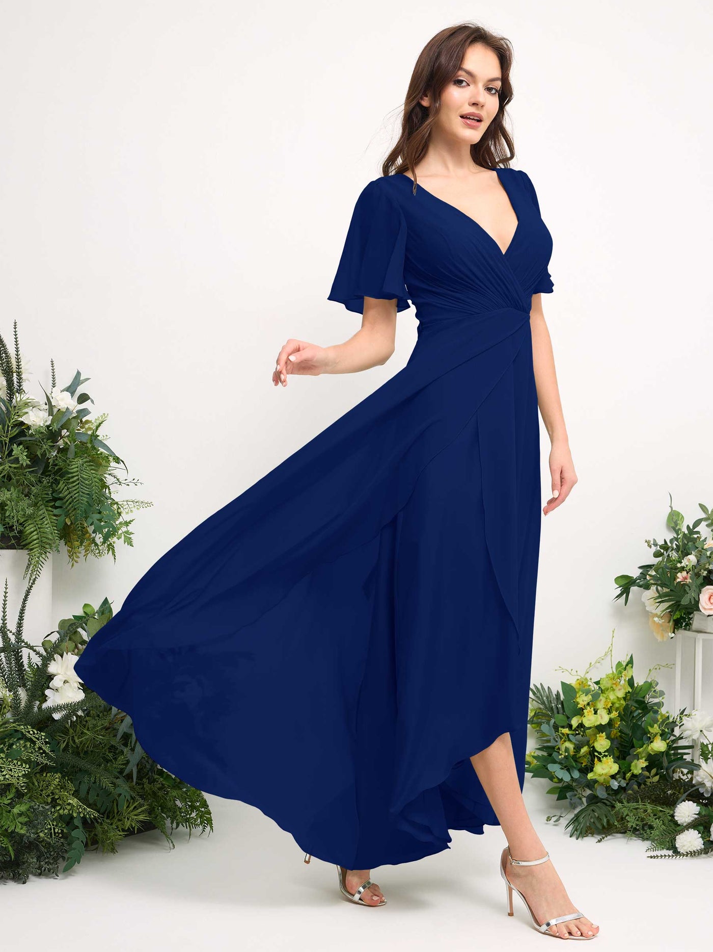 A-Line Asymmetric Chiffon Maxi Dress | V-Neck Short Sleeve Bridesmaid & Wedding Guest Dress #color_royal-blue