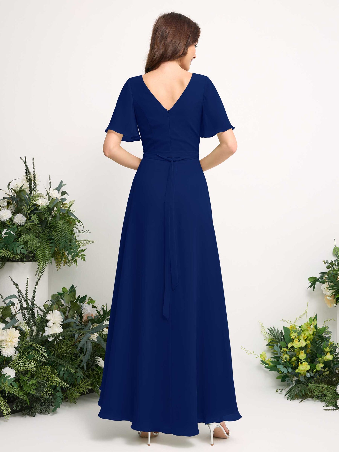 A-Line Asymmetric Chiffon Maxi Dress | V-Neck Short Sleeve Bridesmaid & Wedding Guest Dress #color_royal-blue