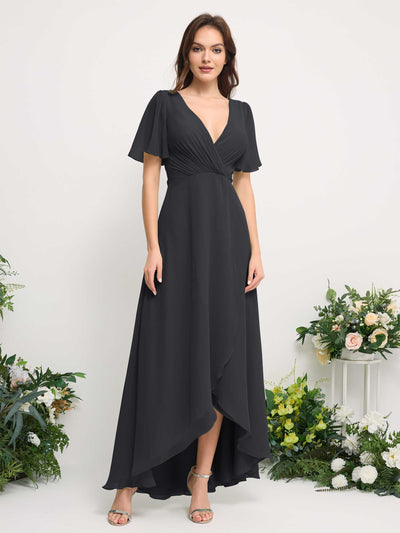 A-Line Asymmetric Chiffon Maxi Dress | V-Neck Short Sleeve Bridesmaid & Wedding Guest Dress #color_pewter