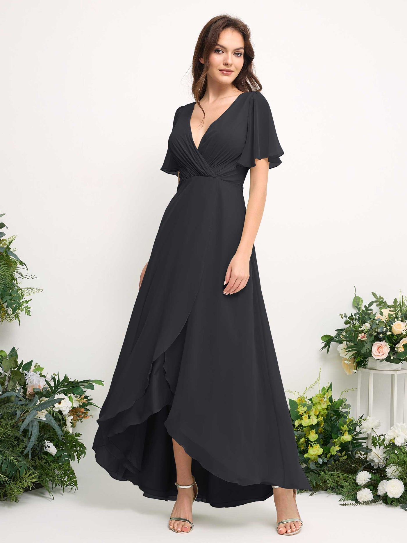 A-Line Asymmetric Chiffon Maxi Dress | V-Neck Short Sleeve Bridesmaid & Wedding Guest Dress #color_pewter