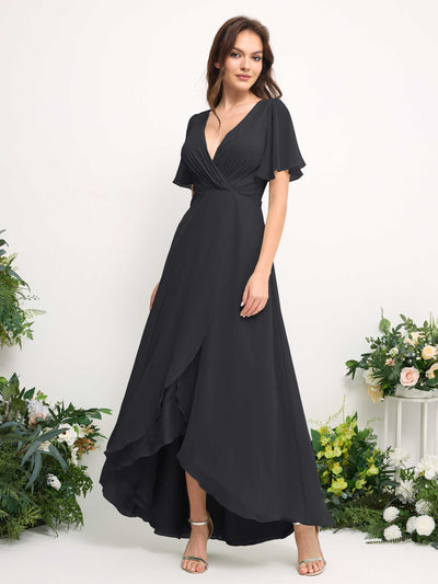 A-Line Asymmetric Chiffon Maxi Dress | V-Neck Short Sleeve Bridesmaid & Wedding Guest Dress #color_pewter