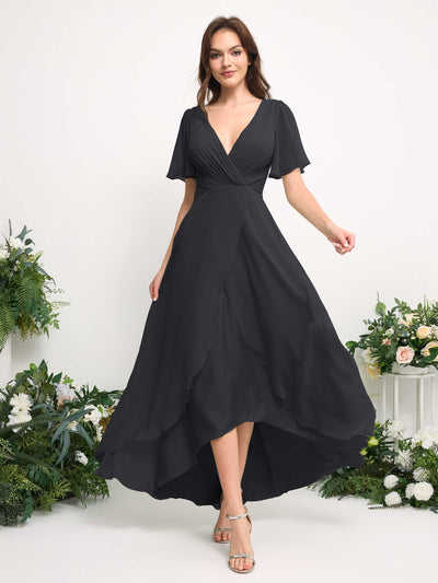 A-Line Asymmetric Chiffon Maxi Dress | V-Neck Short Sleeve Bridesmaid & Wedding Guest Dress #color_pewter