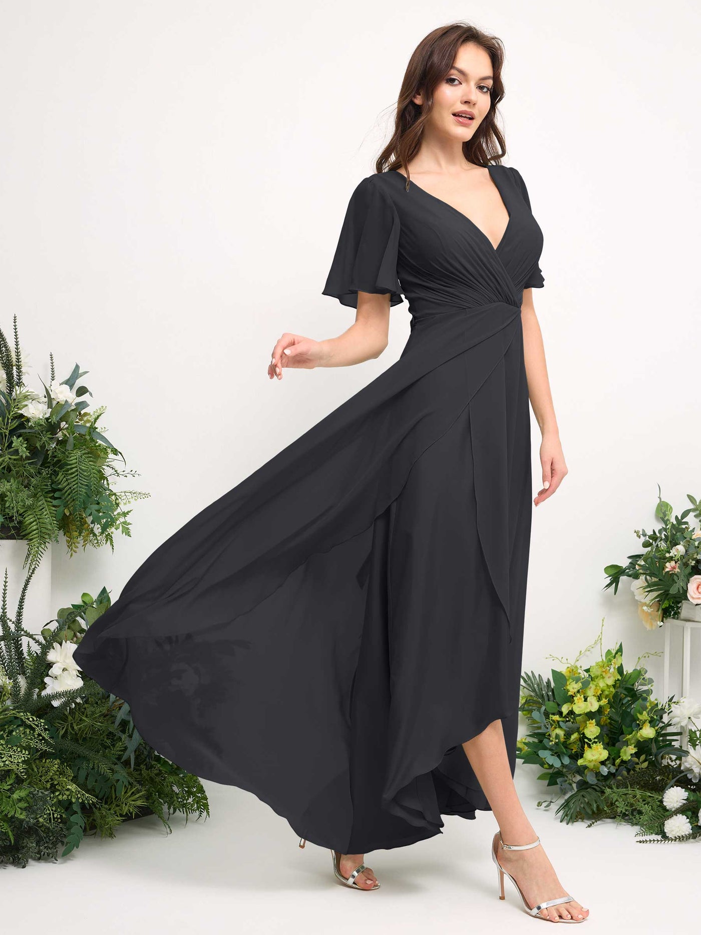 A-Line Asymmetric Chiffon Maxi Dress | V-Neck Short Sleeve Bridesmaid & Wedding Guest Dress #color_pewter