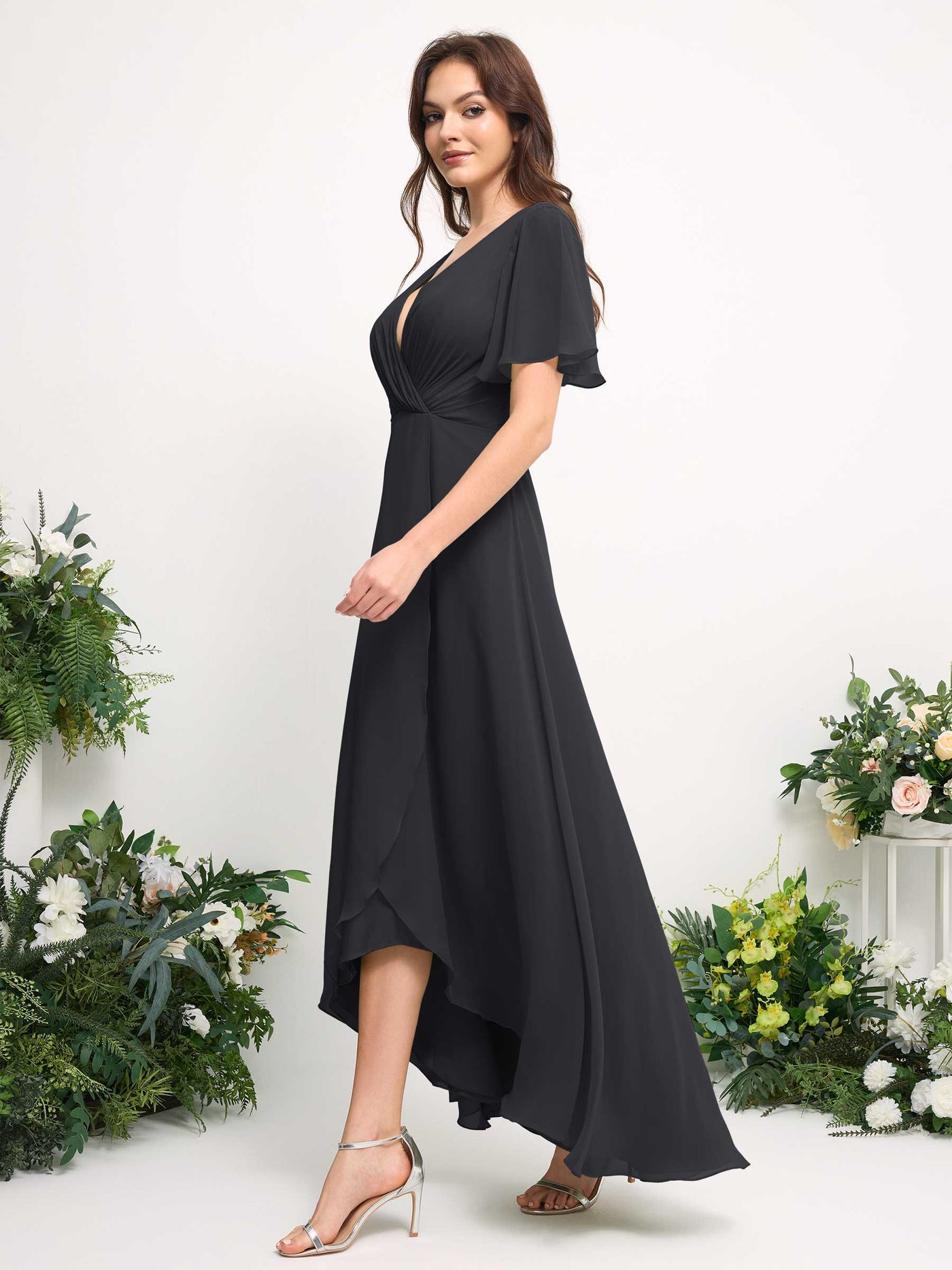 A-Line Asymmetric Chiffon Maxi Dress | V-Neck Short Sleeve Bridesmaid & Wedding Guest Dress #color_pewter