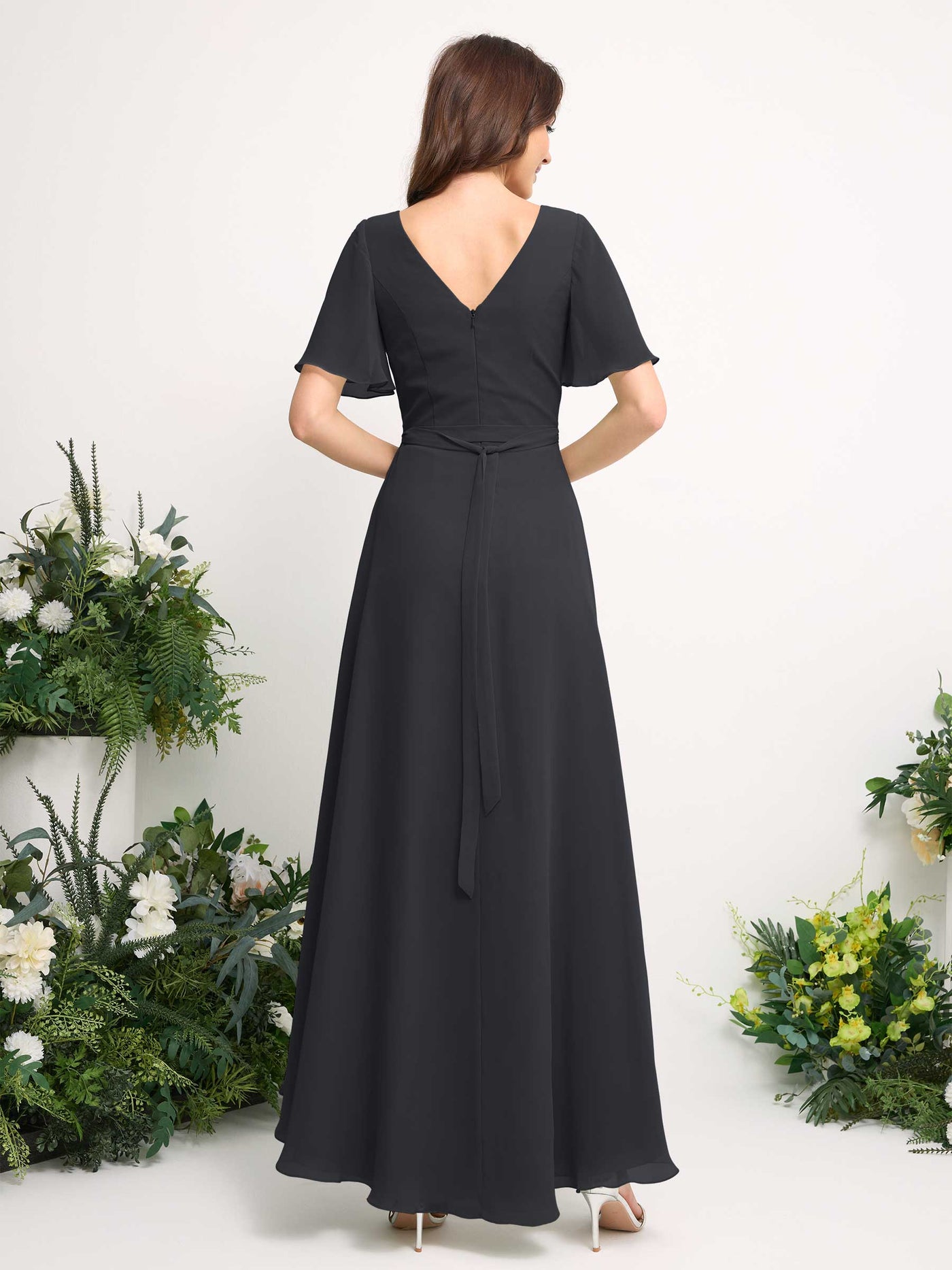 A-Line Asymmetric Chiffon Maxi Dress | V-Neck Short Sleeve Bridesmaid & Wedding Guest Dress #color_pewter