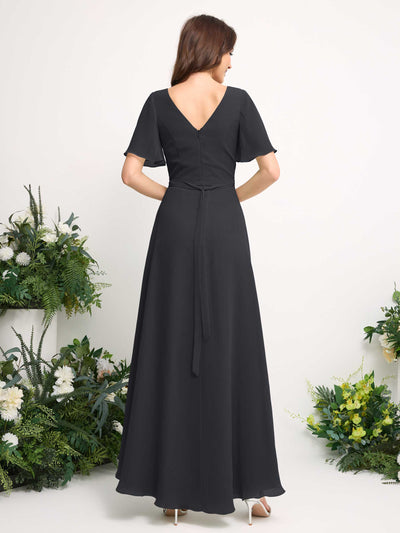 A-Line Asymmetric Chiffon Maxi Dress | V-Neck Short Sleeve Bridesmaid & Wedding Guest Dress #color_pewter