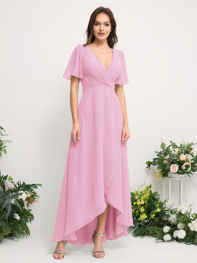 A-Line Asymmetric Chiffon Maxi Dress | V-Neck Short Sleeve Bridesmaid & Wedding Guest Dress #color_candy-pink