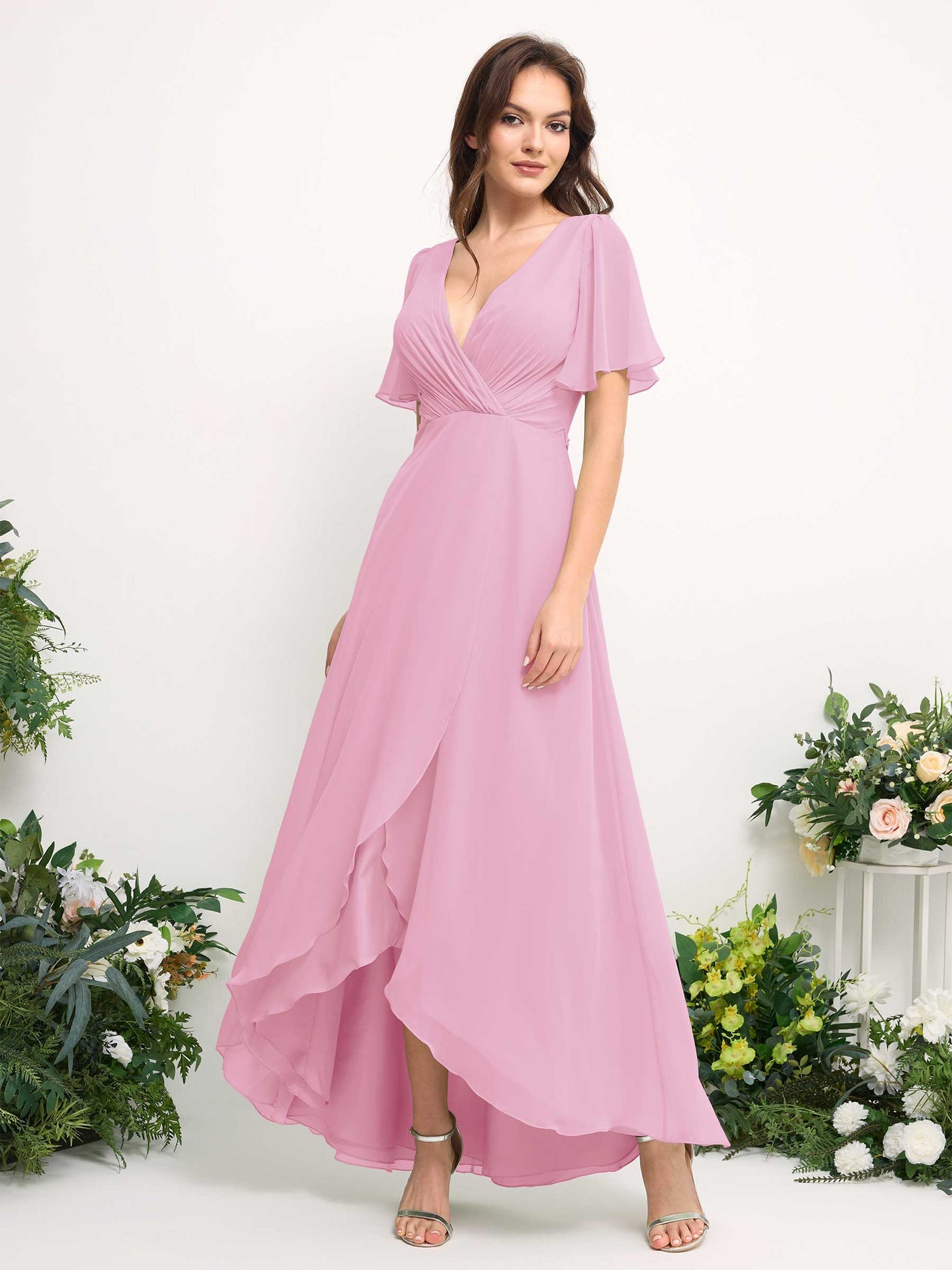 A-Line Asymmetric Chiffon Maxi Dress | V-Neck Short Sleeve Bridesmaid & Wedding Guest Dress #color_candy-pink