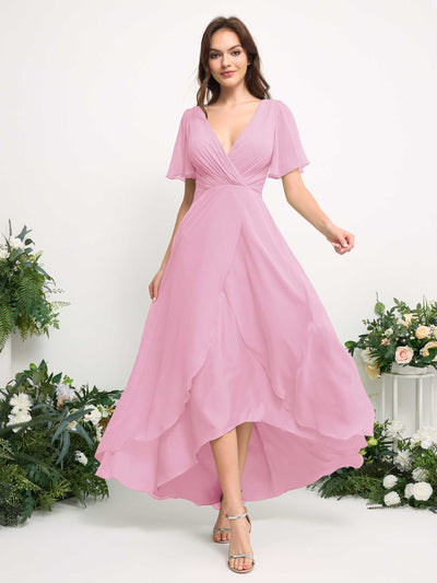 A-Line Asymmetric Chiffon Maxi Dress | V-Neck Short Sleeve Bridesmaid & Wedding Guest Dress #color_candy-pink