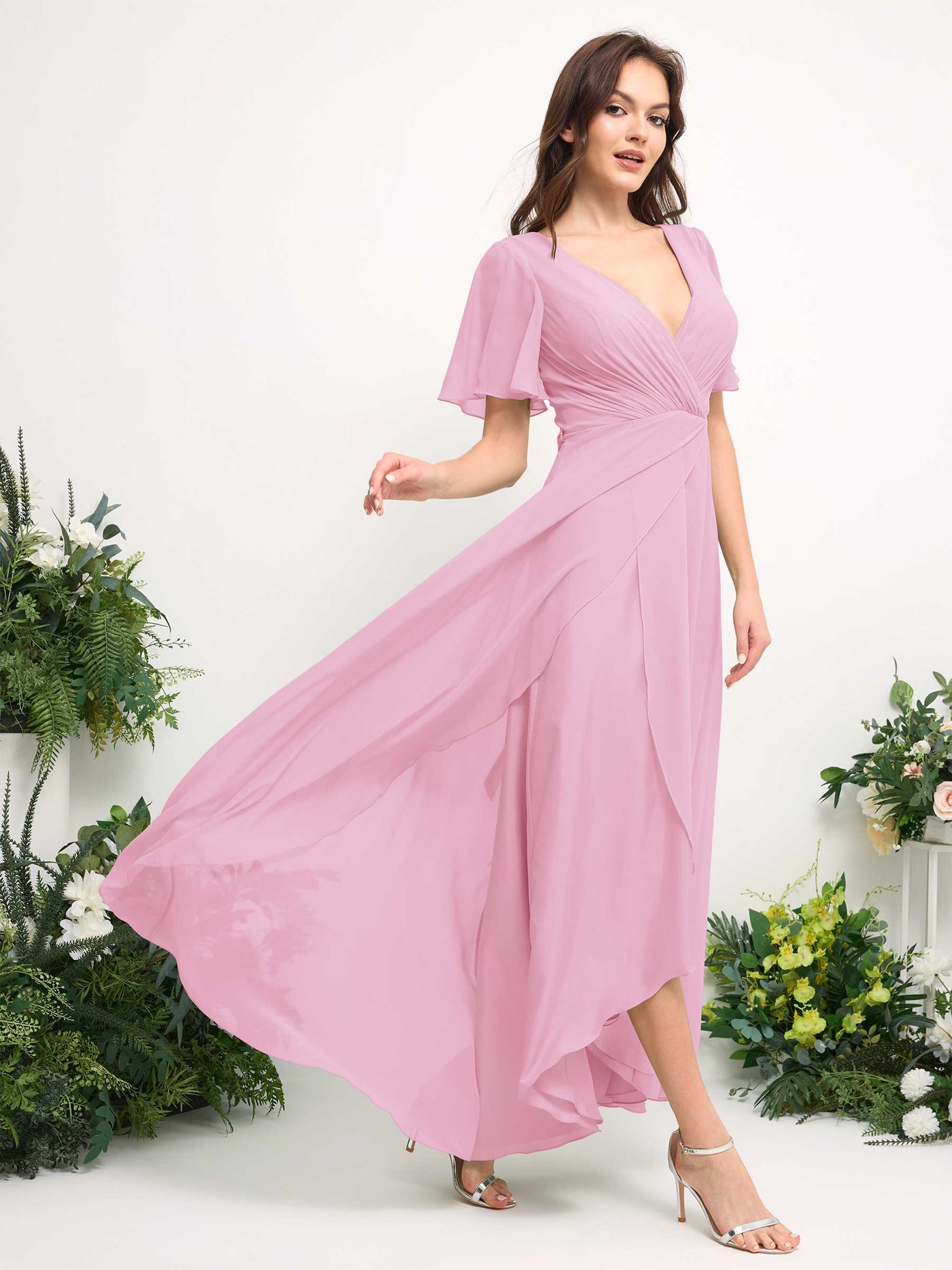 A-Line Asymmetric Chiffon Maxi Dress | V-Neck Short Sleeve Bridesmaid & Wedding Guest Dress #color_candy-pink