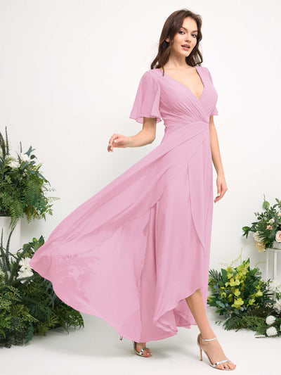 A-Line Asymmetric Chiffon Maxi Dress | V-Neck Short Sleeve Bridesmaid & Wedding Guest Dress #color_candy-pink