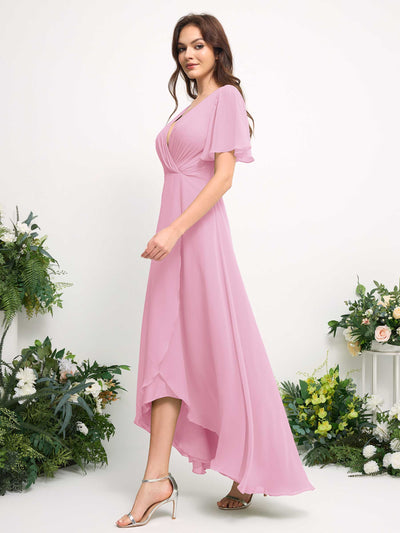 A-Line Asymmetric Chiffon Maxi Dress | V-Neck Short Sleeve Bridesmaid & Wedding Guest Dress #color_candy-pink