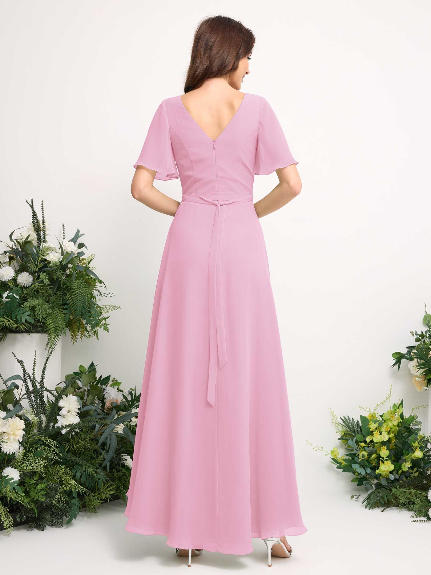 A-Line Asymmetric Chiffon Maxi Dress | V-Neck Short Sleeve Bridesmaid & Wedding Guest Dress #color_candy-pink