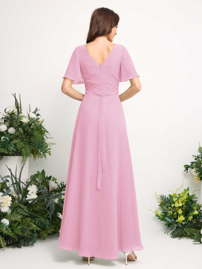 A-Line Asymmetric Chiffon Maxi Dress | V-Neck Short Sleeve Bridesmaid & Wedding Guest Dress #color_candy-pink