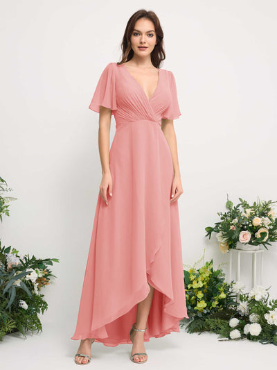 A-Line Asymmetric Chiffon Maxi Dress | V-Neck Short Sleeve Bridesmaid & Wedding Guest Dress #color_ballet-pink