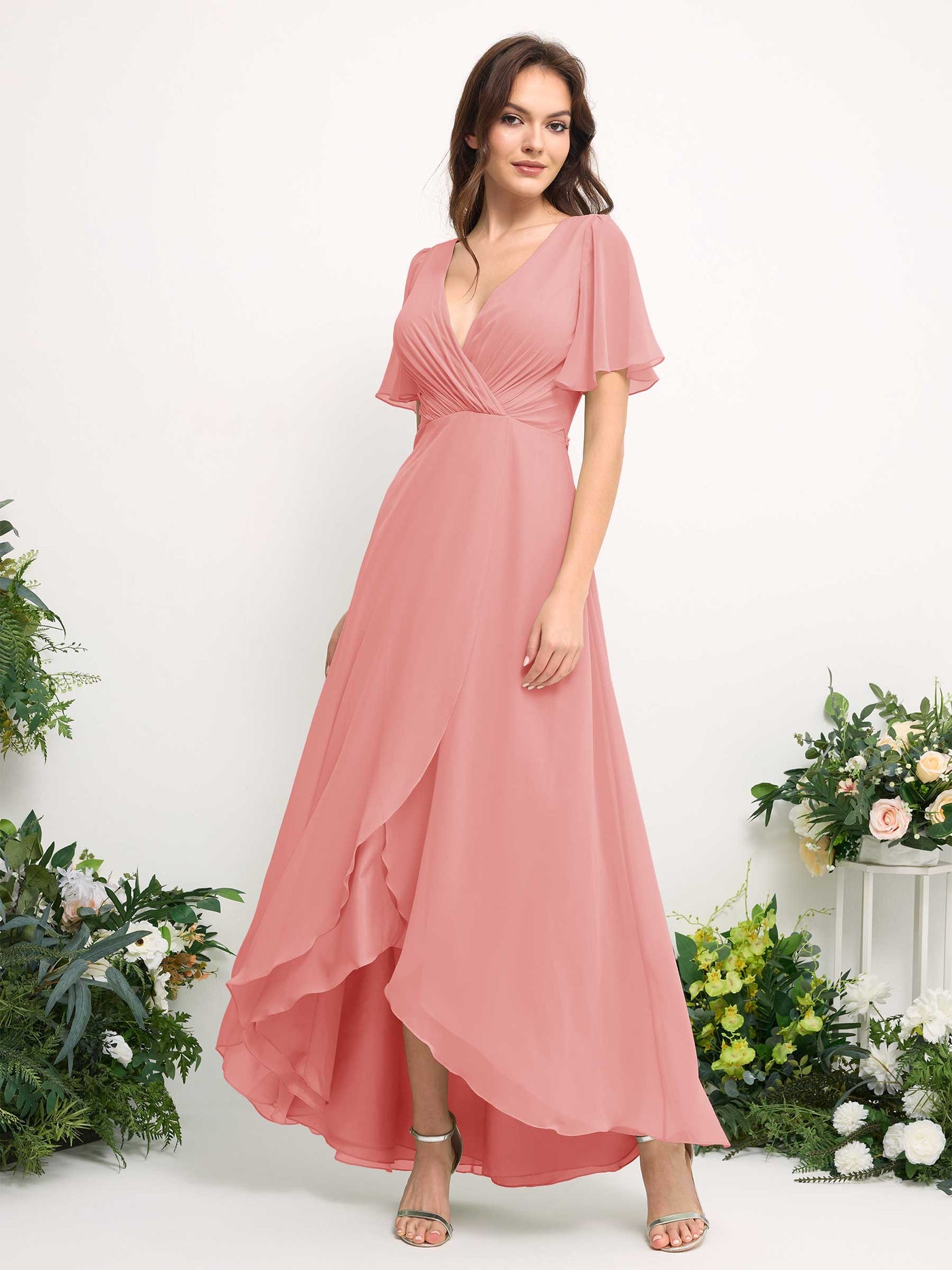 A-Line Asymmetric Chiffon Maxi Dress | V-Neck Short Sleeve Bridesmaid & Wedding Guest Dress #color_ballet-pink