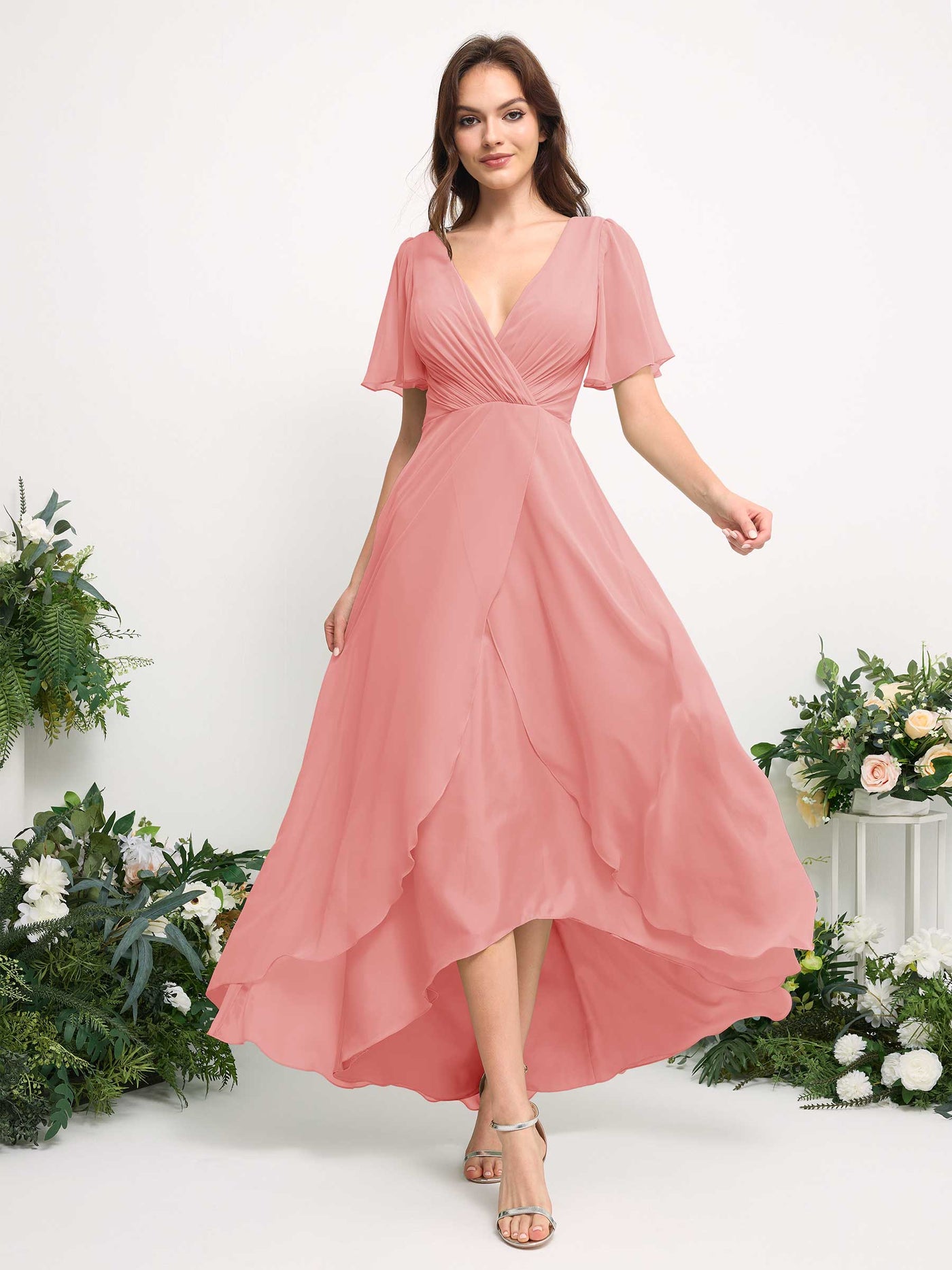A-Line Asymmetric Chiffon Maxi Dress | V-Neck Short Sleeve Bridesmaid & Wedding Guest Dress #color_ballet-pink