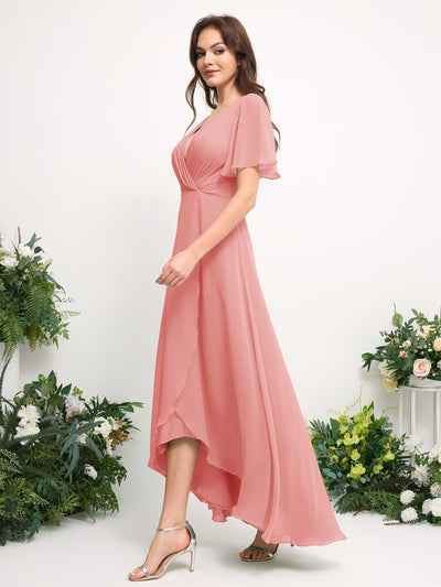 A-Line Asymmetric Chiffon Maxi Dress | V-Neck Short Sleeve Bridesmaid & Wedding Guest Dress #color_ballet-pink