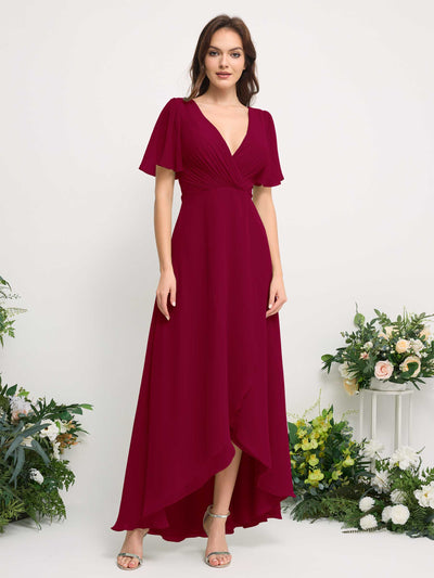 A-Line Asymmetric Chiffon Maxi Dress | V-Neck Short Sleeve Bridesmaid & Wedding Guest Dress #color_jester-red