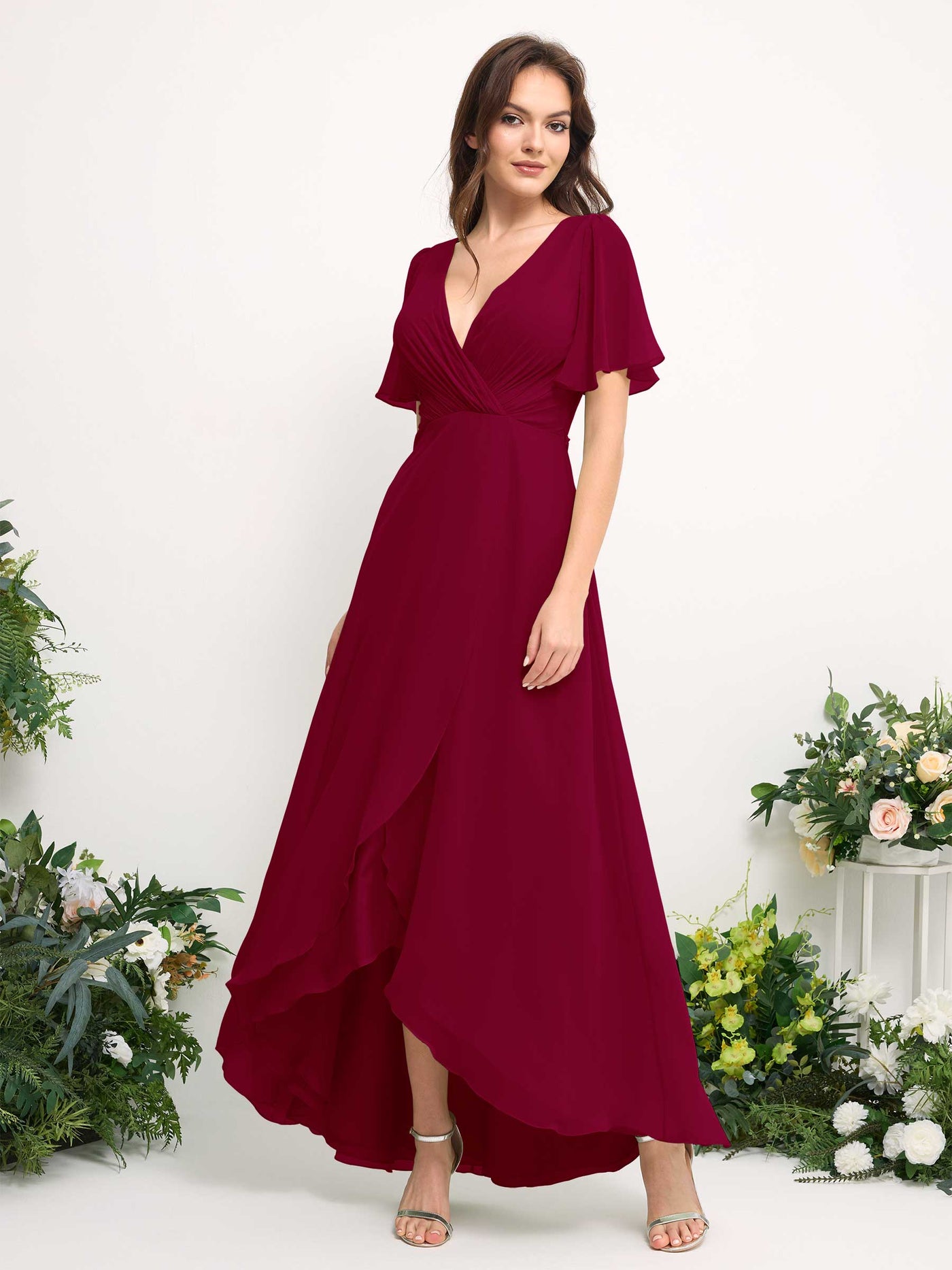 A-Line Asymmetric Chiffon Maxi Dress | V-Neck Short Sleeve Bridesmaid & Wedding Guest Dress #color_jester-red