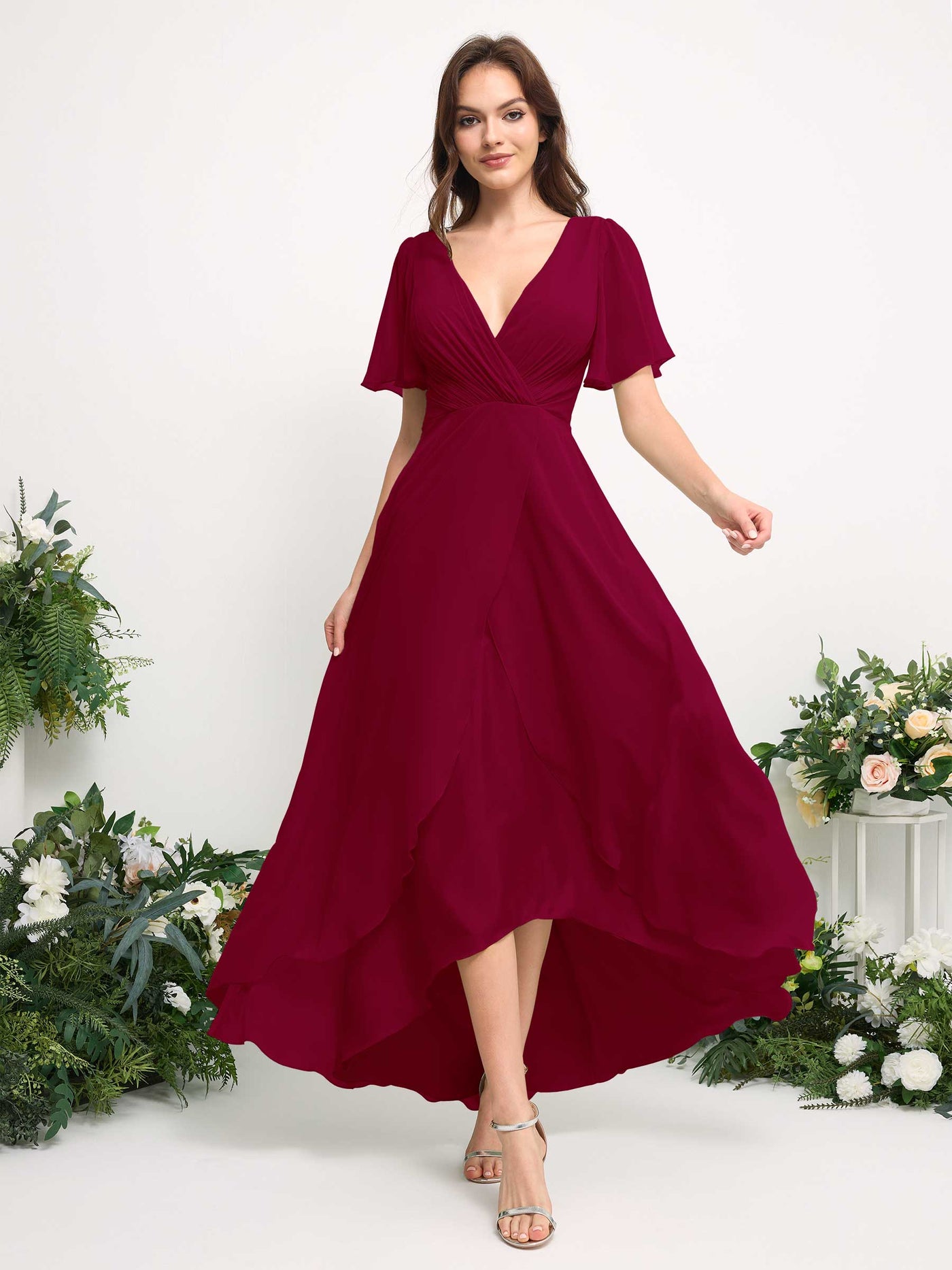 A-Line Asymmetric Chiffon Maxi Dress | V-Neck Short Sleeve Bridesmaid & Wedding Guest Dress #color_jester-red