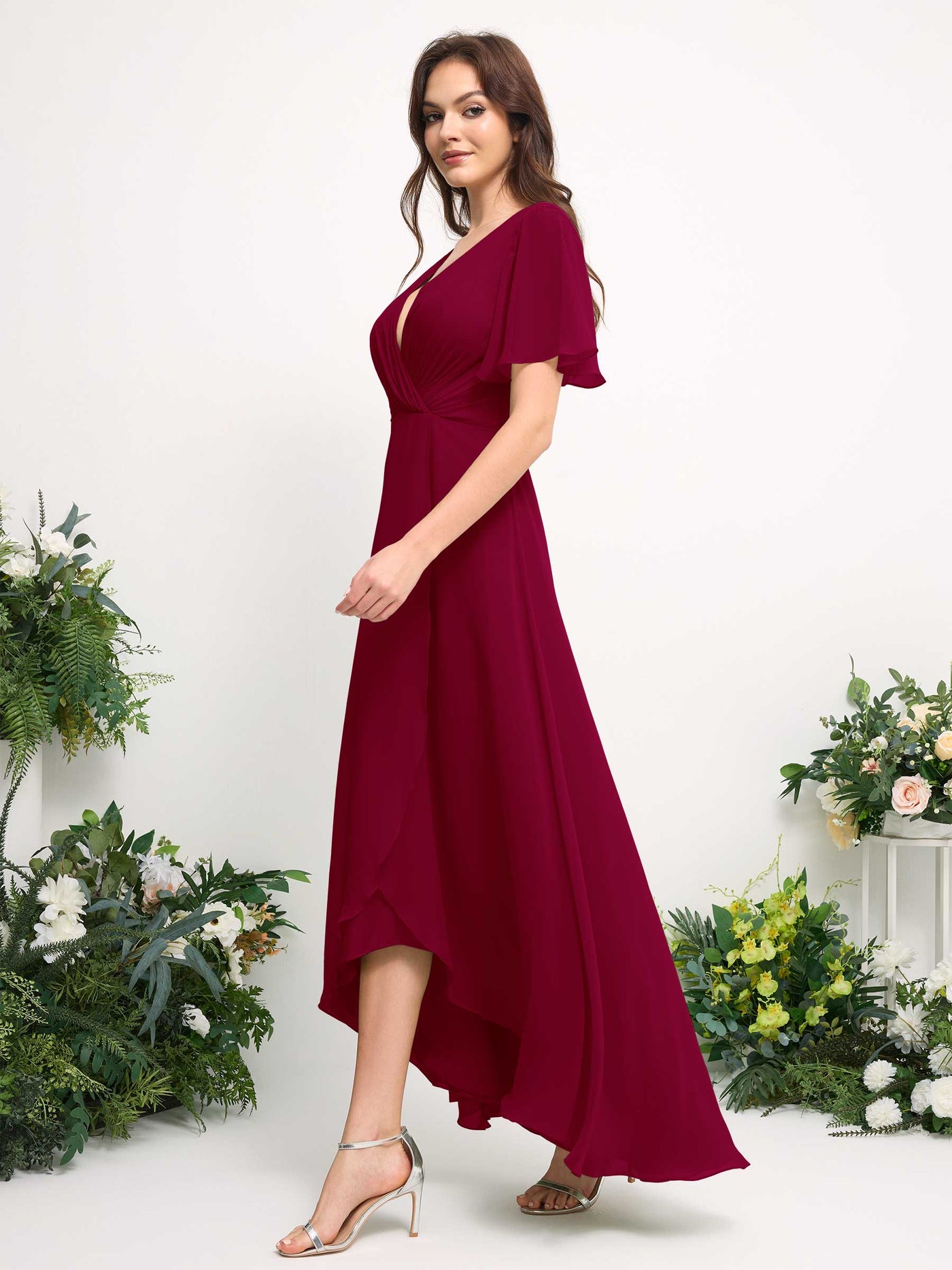 A-Line Asymmetric Chiffon Maxi Dress | V-Neck Short Sleeve Bridesmaid & Wedding Guest Dress #color_jester-red