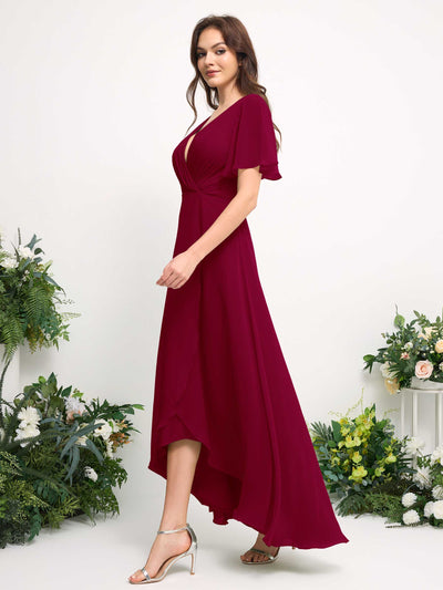 A-Line Asymmetric Chiffon Maxi Dress | V-Neck Short Sleeve Bridesmaid & Wedding Guest Dress #color_jester-red